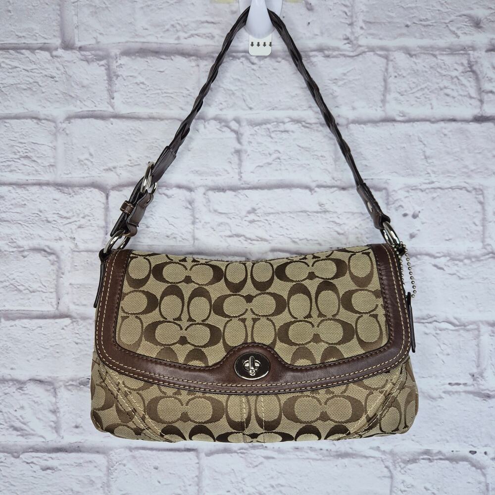 COACH Chelsea Signature Flap Shoulder Bag Turnlock Braided Strap Brown Y2K 11014